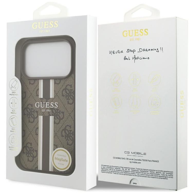 Guess 4G Printed Stripes MagSafe -kotelo iPhone 17 Prolle, ruskea