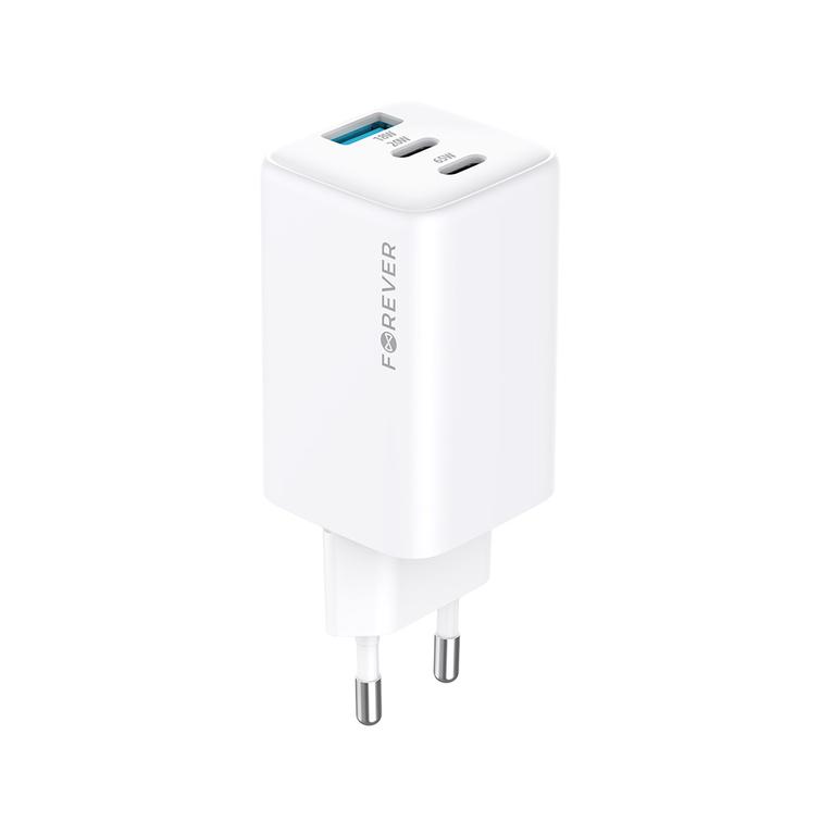 Forever TC-08-65ACC GaN PD QC laturi 2x USB-C 1x USB 65W valkoinen