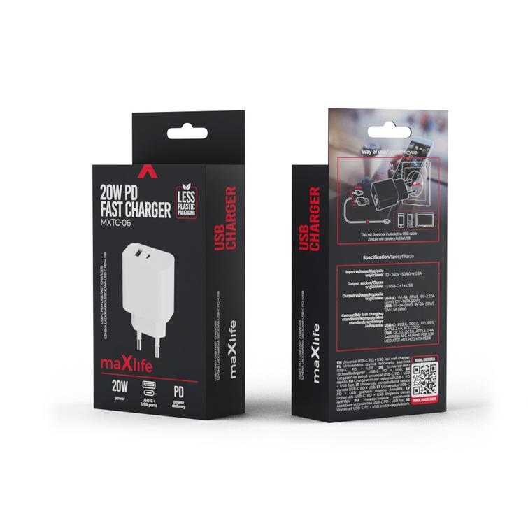 Maxlife MXTC-06 PD QC laturi 1x USB-C 1x USB 20W valkoinen