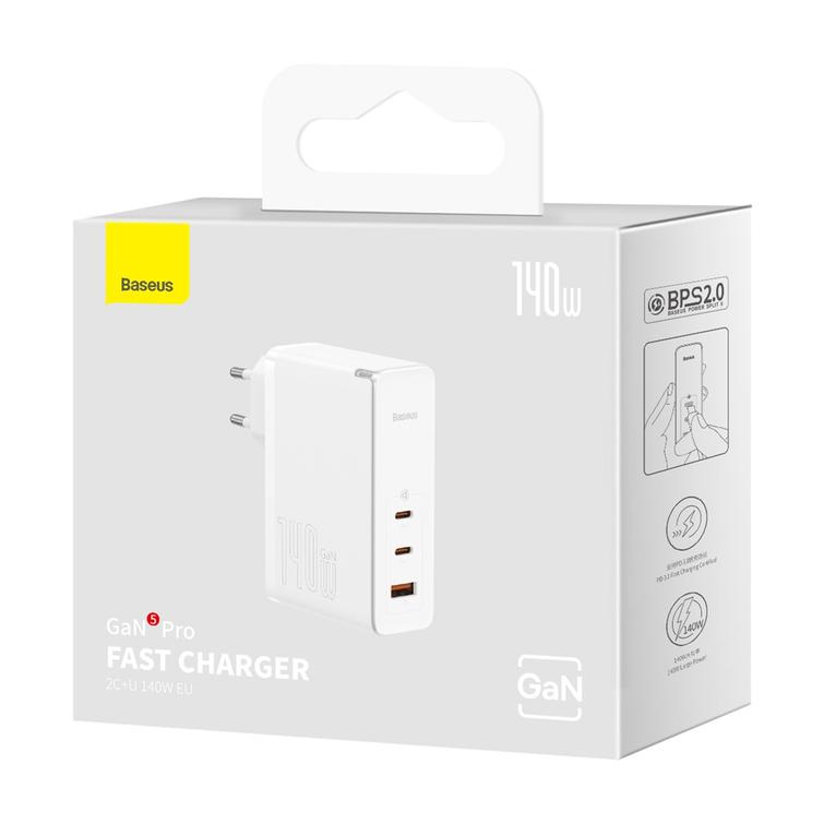Baseus-sein&auml;laturi GaN5 Pro PD 140W 2x USB-C 1x USB valkoinen + USB-C - USB-C 240W -kaapeli