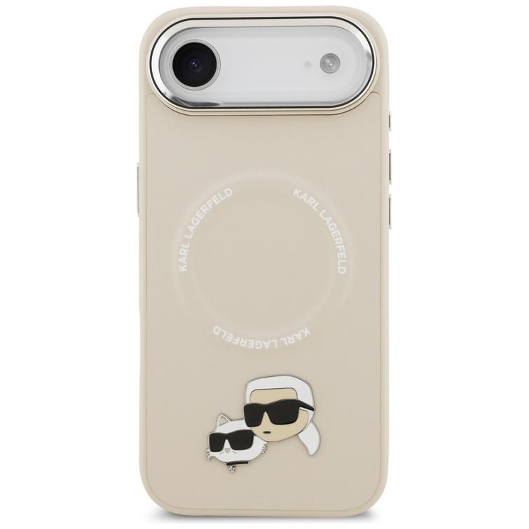Karl Lagerfeld -kotelo, Magsafe PU -kotelo, jossa Karl&Choupette-päät, nastat, logo ja metalliset kamerapainikkeet iPhone 17:lle, harmaa.