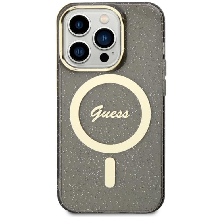 Guess iPhone 14 Pro Max 6,7" -puhelimen suojakuori GUHMP14XHCMCGK, musta, kovakuori, Magsafe IML, glitter-kulta