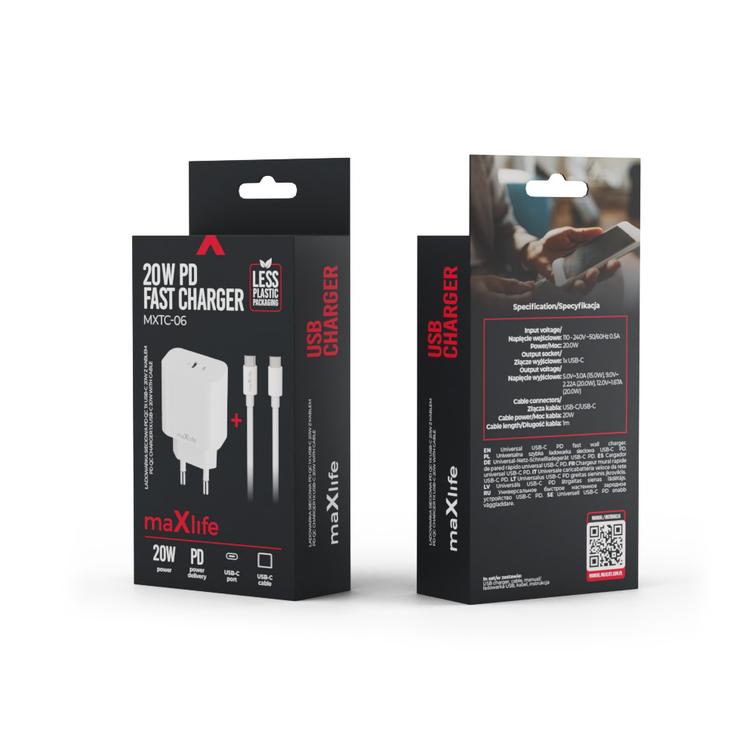 Maxlife MXTC-06-20C PD QC laturi 1x USB-C 20W valkoinen + USB-C - USB-C kaapeli 20W