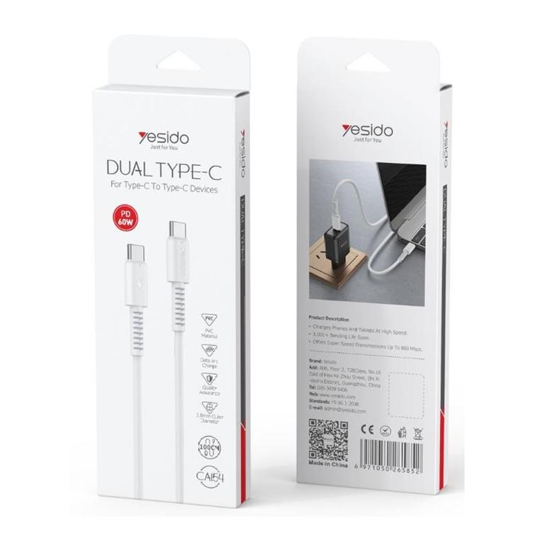 YESIDO CABLE CA154 PD 60W TYPE-C/TYPE-C 1M PVC 3A WHITE