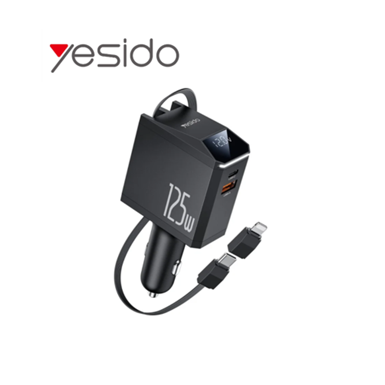 YESIDO CAR CHARGER Y71 125W FAST CHARGING 4in1 LED + C+iP CABLE 65W BLACK