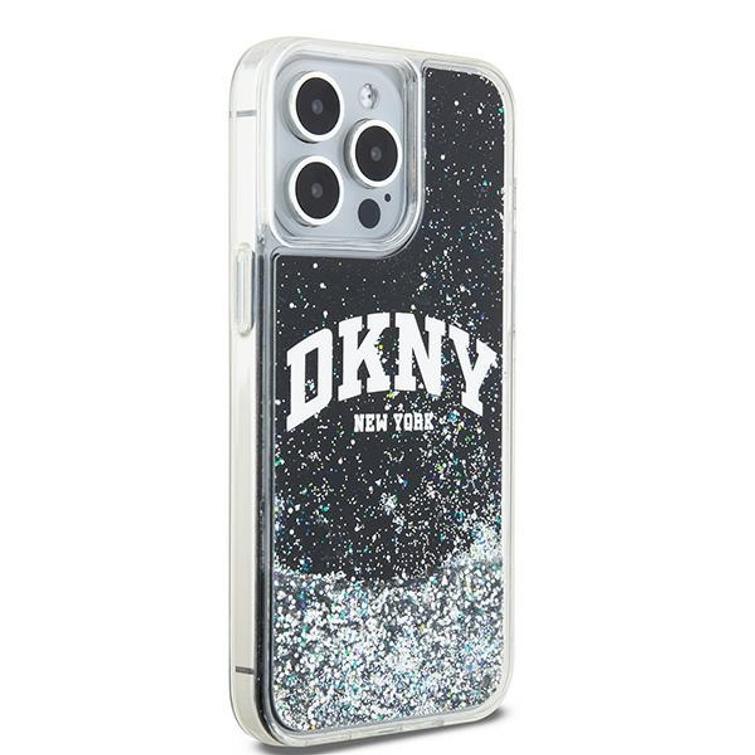 DKNY-suojakuori iPhone 15 Pro Max 6,7":lle DKHCP15XLBNAEK mustat nestekimalteet ja kaarilogo.