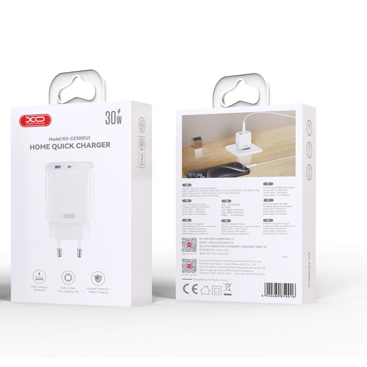 XO-sein&auml;laturi CE30 PD 30W 1x USB-C 1x USB valkoinen