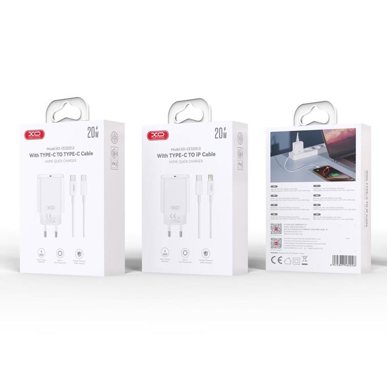 XO-sein&auml;laturi CE32 PD 20W 1x USB-C valkoinen + USB-C - Lightning-kaapeli