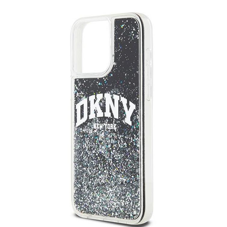 DKNY-suojakuori iPhone 15 Pro Max 6,7":lle DKHCP15XLBNAEK mustat nestekimalteet ja kaarilogo.