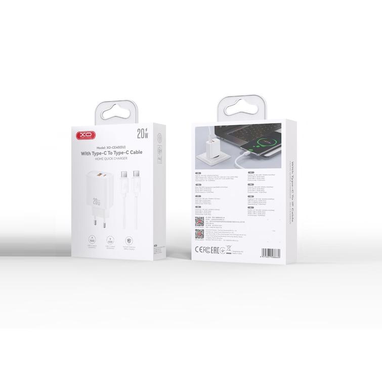 XO sein&auml;laturi CE40 PD 20W 1x USB-C 1x USB Valkoinen ja USB-C&ndash;USB-C-kaapeli