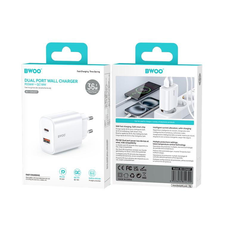 BWOO CDA207 PD 36W seinälaturi 1x USB-A + USB-C -portti valkoinen