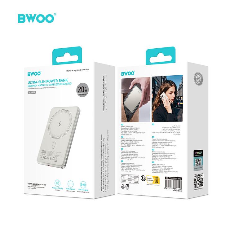 BWOO Ultra Slim Power Bank 20W 5000mAh with magnetic charging P79 light grey