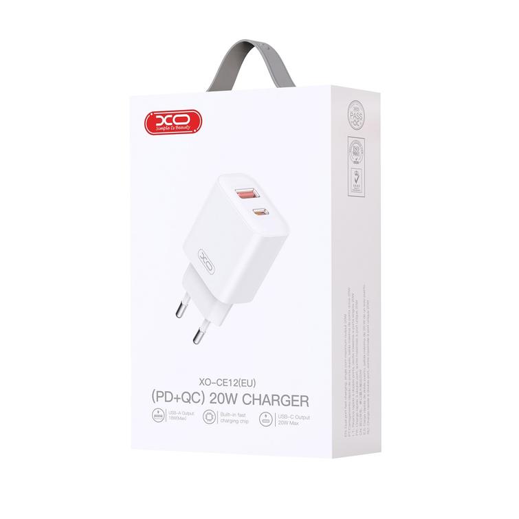 XO-sein&auml;laturi CE12 PD QC 3.0 20W 1x USB 1x USB-C valkoinen