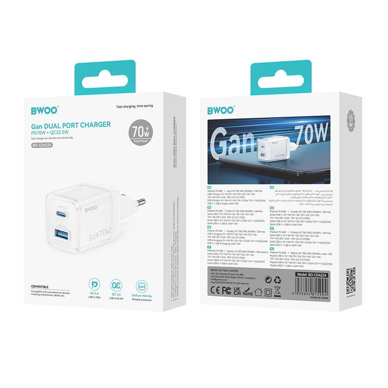BWOO GaN -seinälaturi CDA224 QC 70W 1 x USB 1 x USB-C, valkoinen
