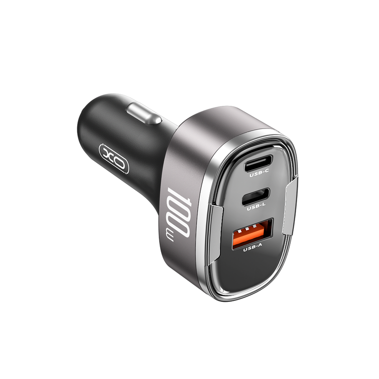 XO autolaturi CC61 PD QC 3.0 100W 1x USB 1x USB-C 1x Lightning harmaa
