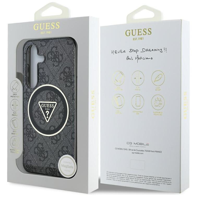 Guess HC Magnetic IML Metal Glitter 4G Circle Triangle -suojakuori Samsung Galaxy S25:lle, musta