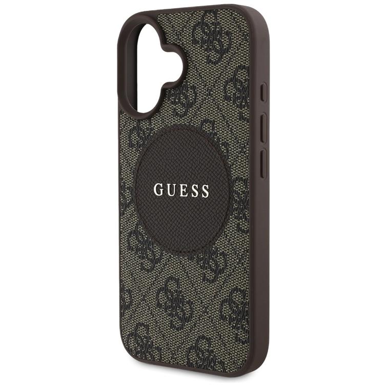 Guess HC MagSafe PU 4G Circle -suojakuori klassisella logolla iPhone 16:lle, ruskea