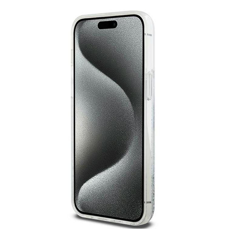DKNY-suojakuori iPhone 15 Pro Max 6,7":lle DKHCP15XLBNAET, valkoiset HC-nestekimalteet ja kaarilogo.