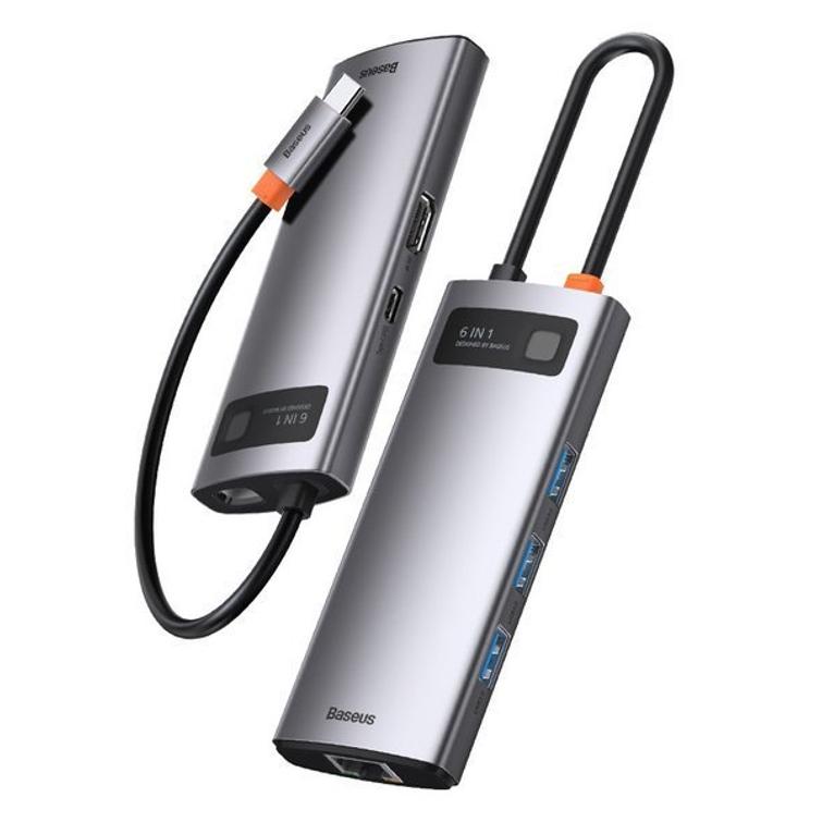 Baseus Metal Gleam -sarjan 6-in-1 monitoiminen Type-C HUB -telakointiasema, harmaa (Type-C - HDMI * 1 + USB3.0 * 3 + PD * 1 + RJ45 * 1)