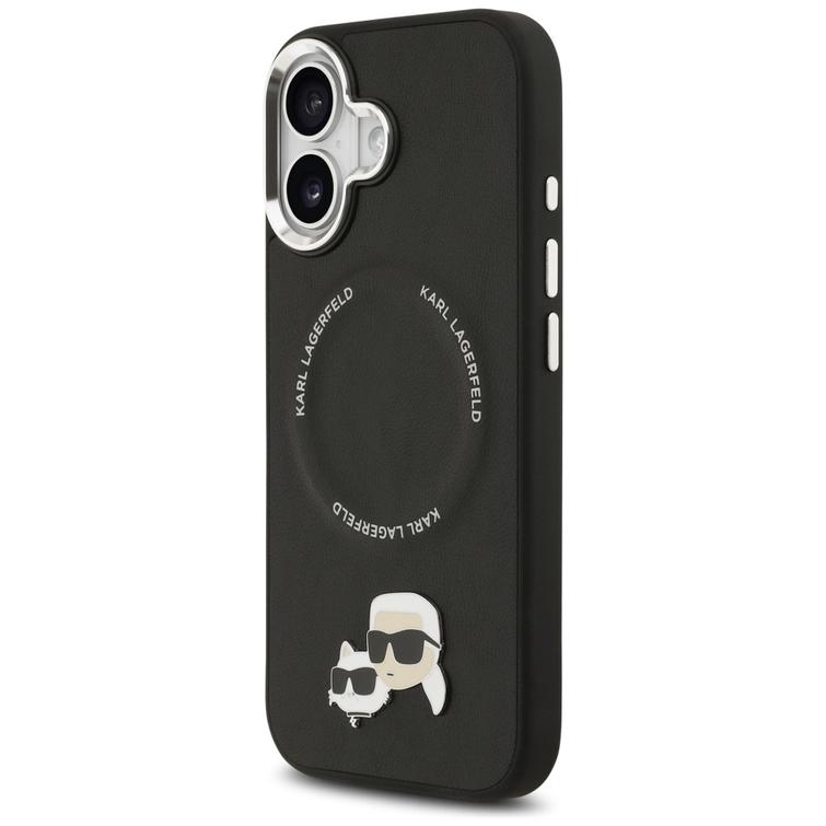 Karl Lagerfeld -kotelo, Magsafe PU -kotelo, jossa Karl&Choupette-p&auml;&auml;t, nastat, logo ja metalliset kamerapainikkeet iPhone 17:lle, musta
