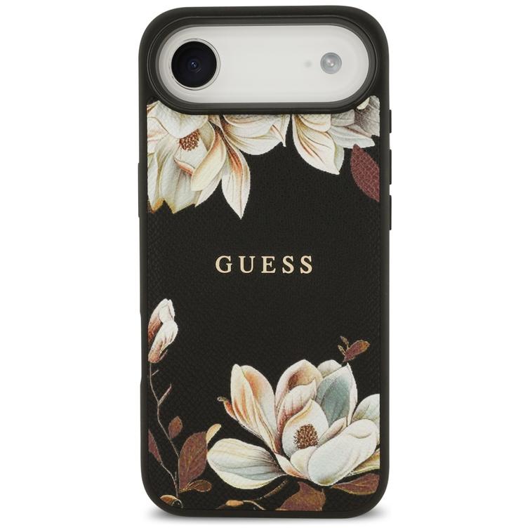 Guess Grained Flowers Classic Logo MagSafe -suojakuori iPhone Airille, musta