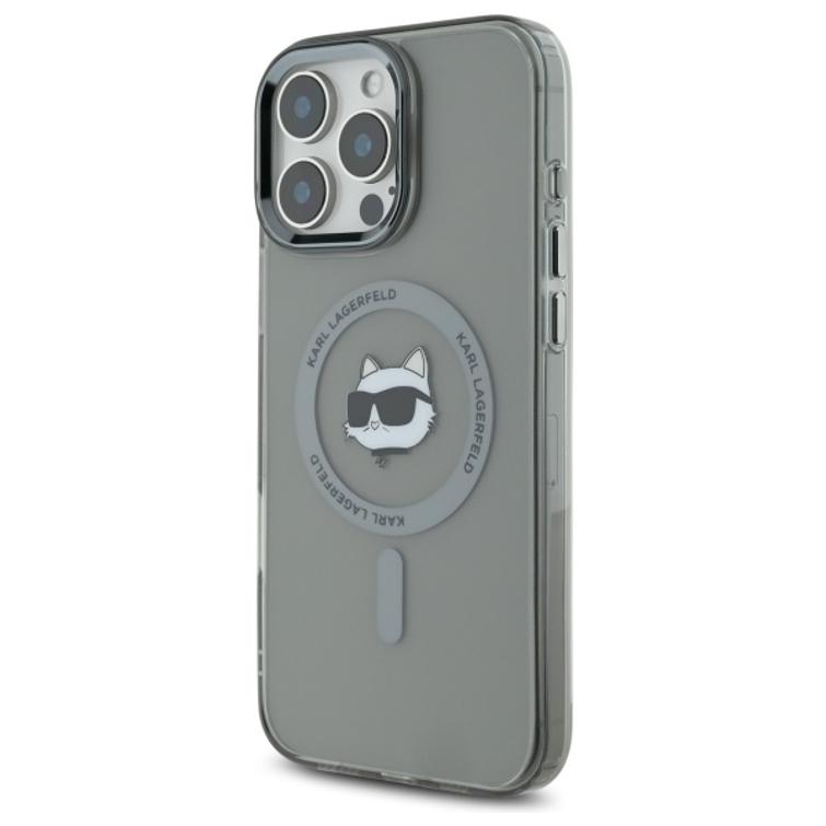 Karl Lagerfeld -suojakuori iPhone 16 Pro Max 6,9":lle. KLHMP16XHLSCHK, musta. Kova IML-kuori metallikuorella, MagSafe-suojakuorella.