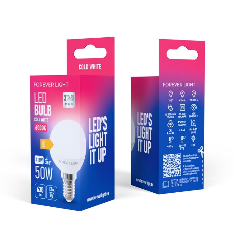 Forever Light LED-lamppu E14 G45 4.8W 630lm 6000K luokka E