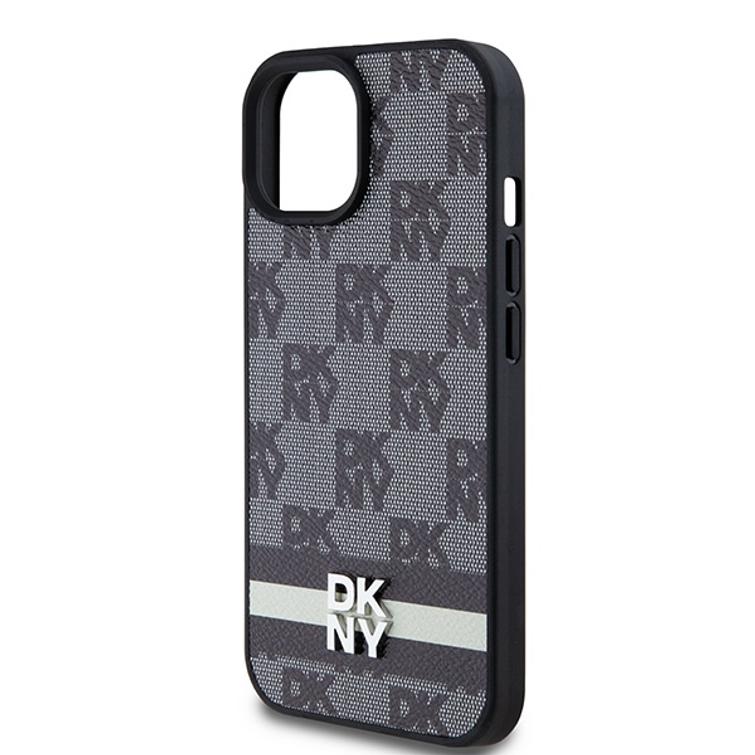 DKNY iPhone 15 Plus 6,7" -puhelimen suojakuori DKHCP15MPCPTSSK, musta, HC PU -ruutukuvio ja painetut raidat.