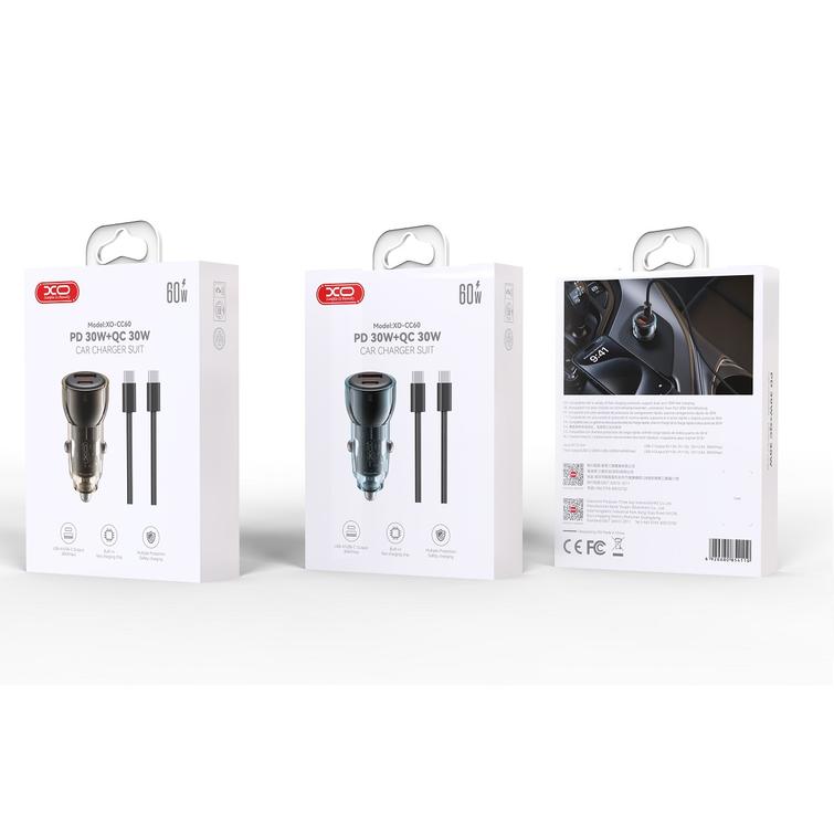 XO autolaturi CC60 60W 1x USB 1x USB-C sininen + USB-C - USB-C -kaapeli