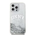 DKNY-suojakuori iPhone 15 Pro Max 6,7":lle DKHCP15XLBNAET, valkoiset HC-nestekimalteet ja kaarilogo.