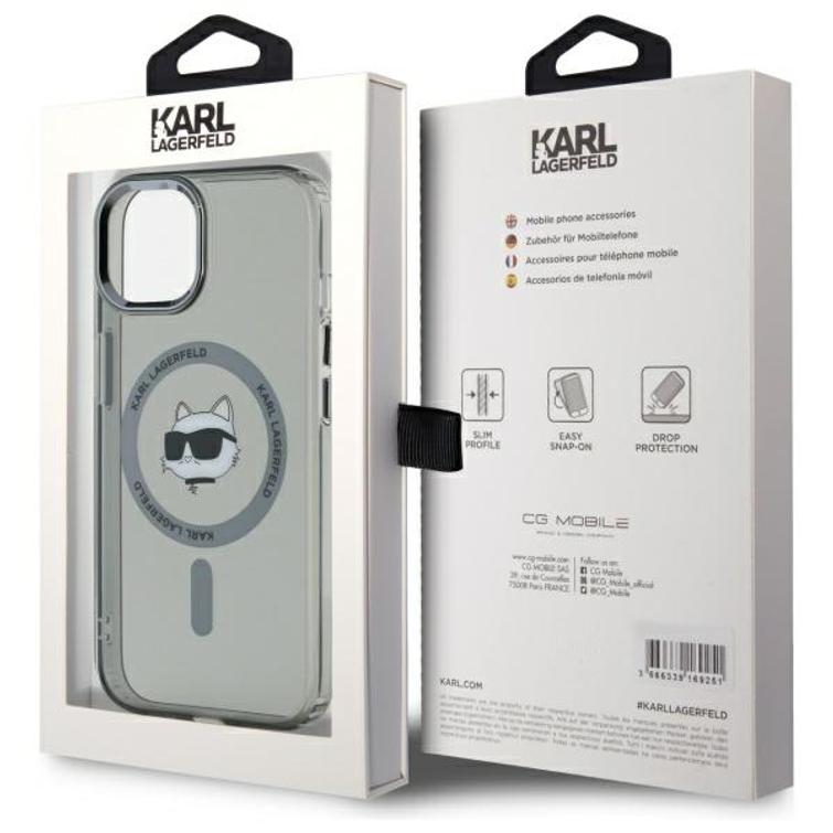 Karl Lagerfeld HC MagSafe IML Metal Choupette -suojakuori iPhone 15 6,1":lle, musta