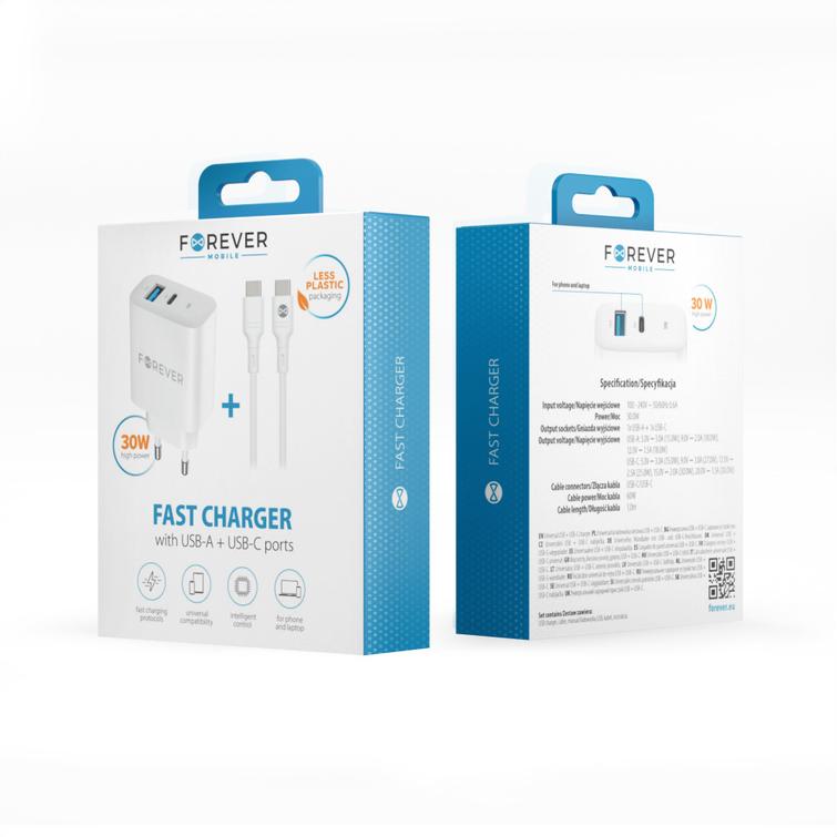 Forever TC-07-30AC PD QC laturi 1x USB-C 1x USB 30W valkoinen + USB-C - USB-C kaapeli 60W