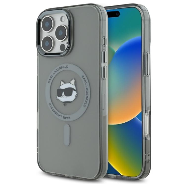 Karl Lagerfeld -suojakuori iPhone 16 Pro Max 6,9":lle. KLHMP16XHLSCHK, musta. Kova IML-kuori metallikuorella, MagSafe-suojakuorella.