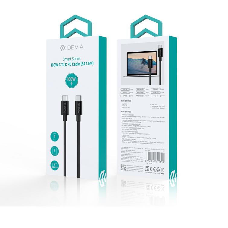 Devia kaapeli Smart EC317 PD USB-C - USB-C 1,5 m 100W 5A musta
