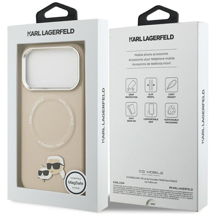 Karl Lagerfeld -kotelo, Magsafe PU -kotelo, jossa Karl&Choupette-päät, nastat, logo ja metalliset kamerapainikkeet iPhone 17 Pro Maxille, harmaa