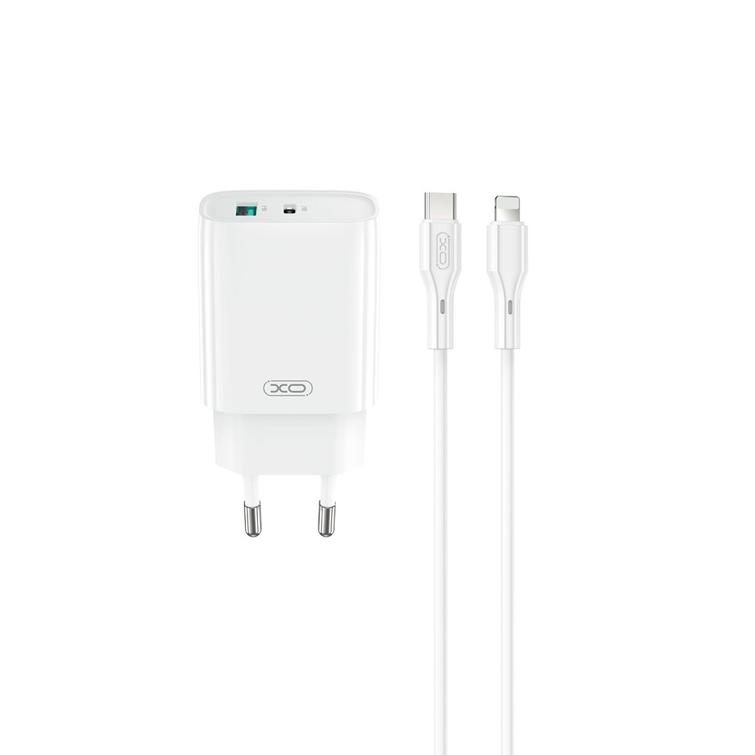 XO seinälaturi CE30 PD 30W 1x USB-C 1x USB valkoinen + USB-C-kaapeli - Lightning