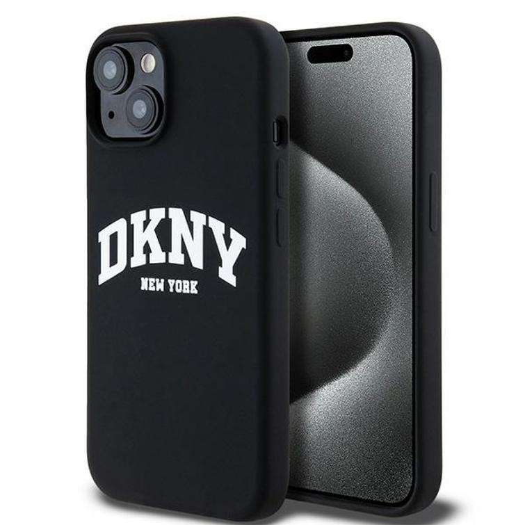DKNY iPhone 15 Plus 6,7" -puhelimen suojakuori DKHMP15MSNYACH musta HC Magsafe -silikoni kaarilogolla.