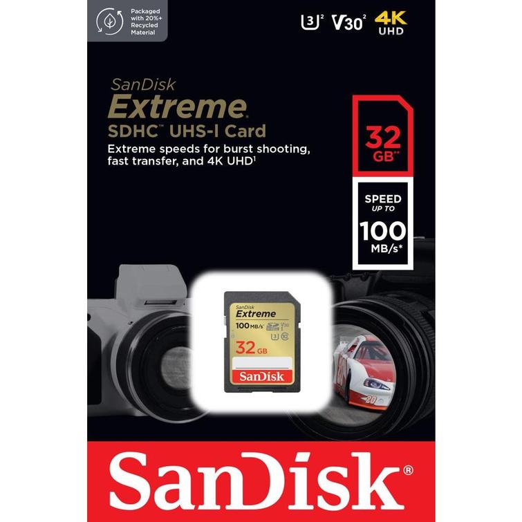 SanDisk Extreme SDHC -muistikortti 32GB 100/60MB/s C10 V30 UHS-I U3