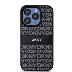 DKNY-suojakuori iPhone 15 Pro Max 6,7":lle DKHCP15XPRTHSLK musta HC PU -kuvioitu toistuva tekstuurikuvio s&auml;vyraidalla.