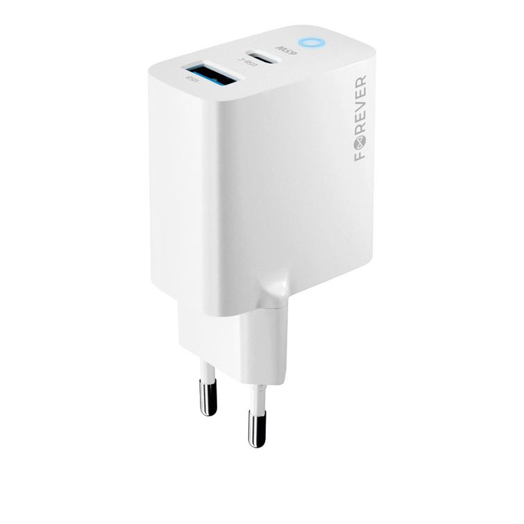 Forever TC-06-65AC GaN PD QC laturi 1x USB-C 1x USB 65W valkoinen