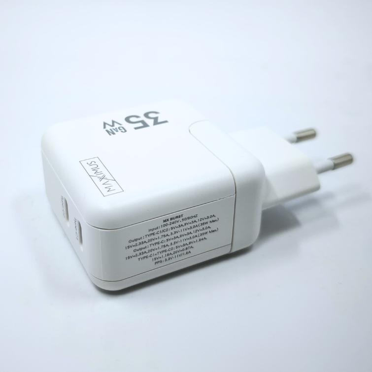 WALL CHARGER MX BURST GaN PD 35W, 2xUSB-C + C/LIGHTNING PD CABLE 20W  WHITE