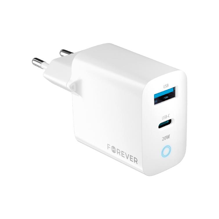 Forever TC-06-20AC PD QC laturi 1x USB-C 1x USB 20W valkoinen