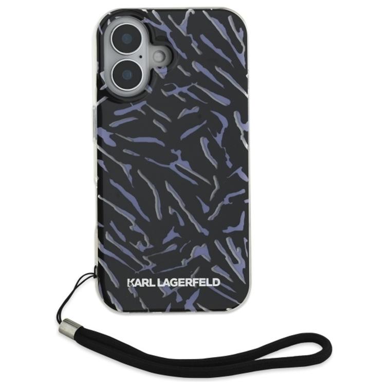 Karl Lagerfeld iPhone 16 Plus 6,7" -puhelimen kuoret, KLHCP16MHZBPKCCU, violetti kova seeprakuvio ja johto.