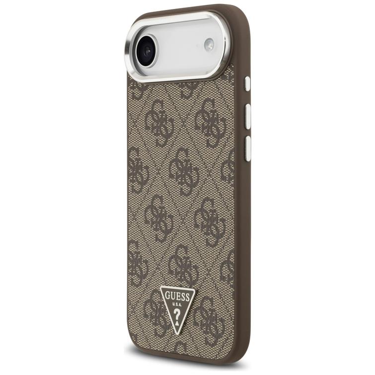 Guess Case Magsafe 4G PU-nahkakotelo kolmiologolla ja hopeisella metallisella kamerakehyksell&auml; iPhone 17 Air Brownille