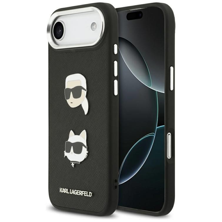Karl Lagerfeld FW Grained Karl & Choupette Heads Pins & Logo -suojakuori iPhone Airille, musta