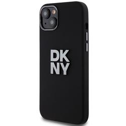 DKNY iPhone 15 Plus 6,7" -puhelimen suojakuori DKHCP15MSMCBSK, musta HC-silikoni ja pinomainen metallilogo.