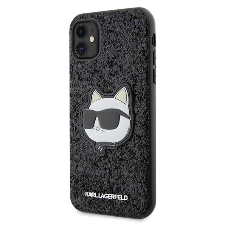 Karl Lagerfeld iPhone 11 / XR -suojakuori KLHCN61G2CPK musta kovakuori Glitter Choupette Patch -kuviolla