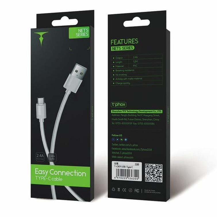 CABLE T-PHOX NETS TYPE-C WHITE 3A ; PVC ; 1,2M