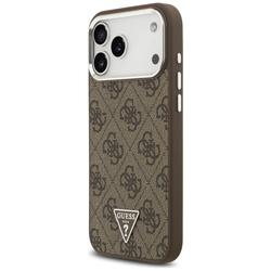 Guess Case Magsafe 4G PU-nahkakotelo kolmiologolla ja hopeisella metallisella kamerakehyksell&auml; iPhone 17 Pro Maxille, ruskea