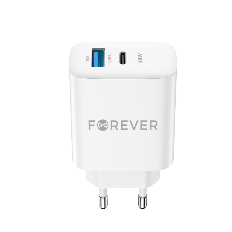Forever TC-07-30AC PD QC laturi 1x USB-C 1x USB 30W valkoinen
